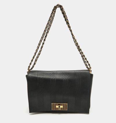 Fendi Black Stripe Embossed Leather Large Claudia Shoulder Bag
