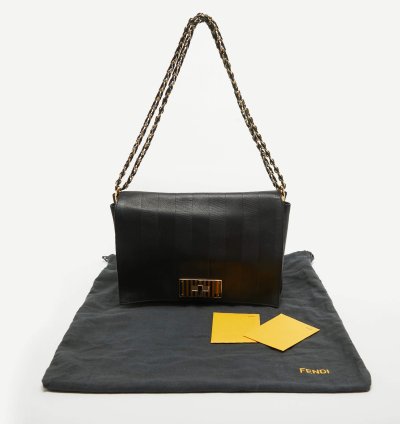 Fendi Black Stripe Embossed Leather Large Claudia Shoulder Bag