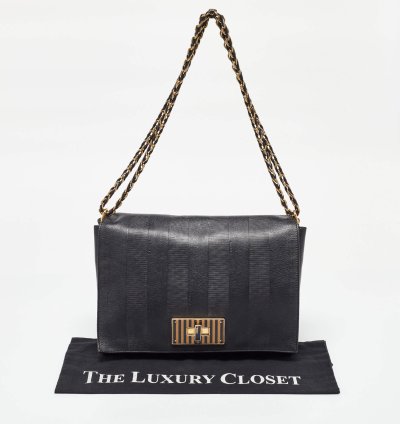 Fendi Black Stripe Embossed Leather Large Claudia Shoulder Bag