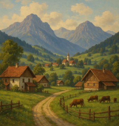 Alpine Countryside Digital Painting Serene Classic Nature Scenery