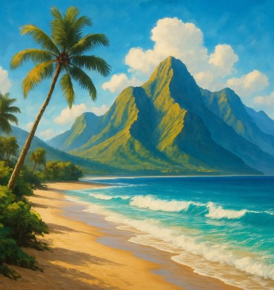 Tropical Beach Mountain Digital Painting Exotic Paradise Scenery
