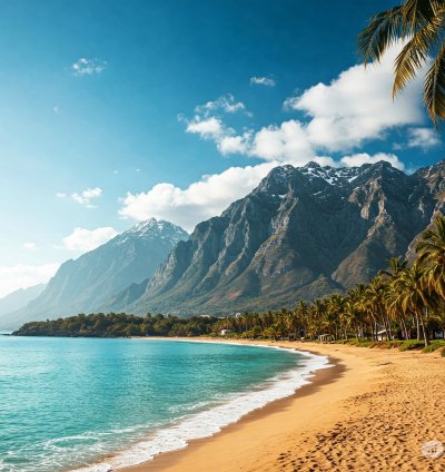 Tropical Coast Meets Snowy Peaks Stunning Digital Landscape Art