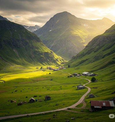 Sunlit Alpine Valley Digital Art Peaceful Mountain Countryside Scene