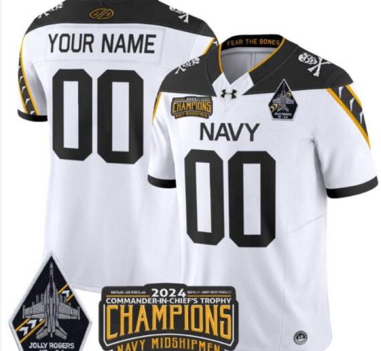Custom Navy Midshipmen Jersey 2024 Jolly Rogers Champions Patch White