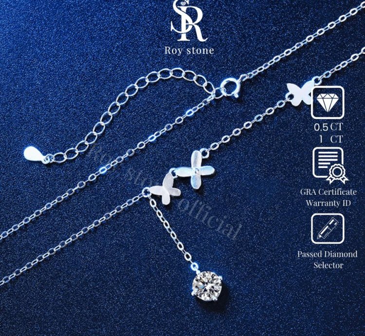 Roystone - Butterfly Necklace Womens Moissanite Jewelry Gra Certificate Original 18k Gold Plated - 05 Ct