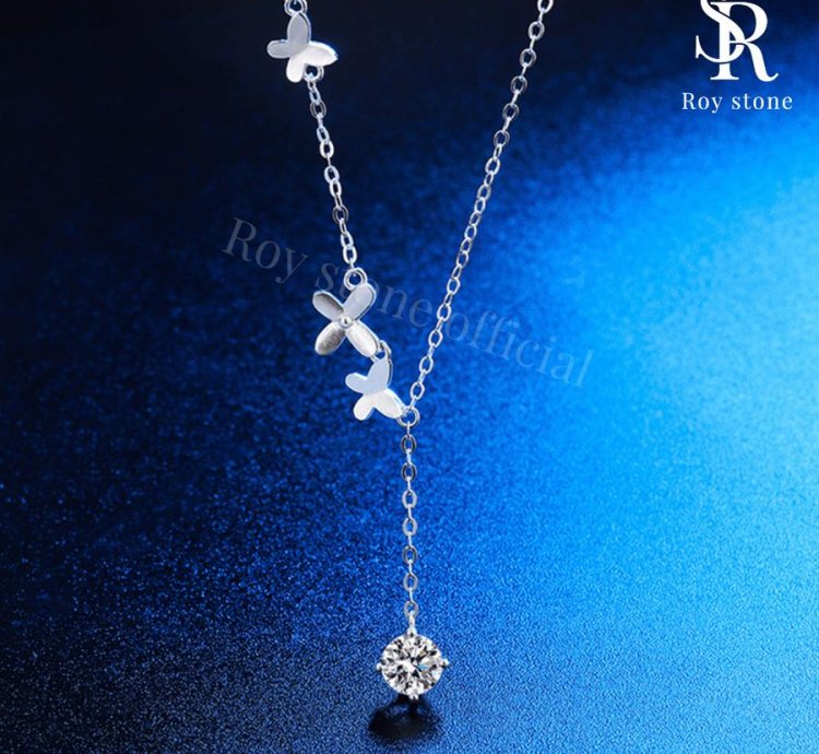 Roystone - Butterfly Necklace Womens Moissanite Jewelry Gra Certificate Original 18k Gold Plated - 05 Ct