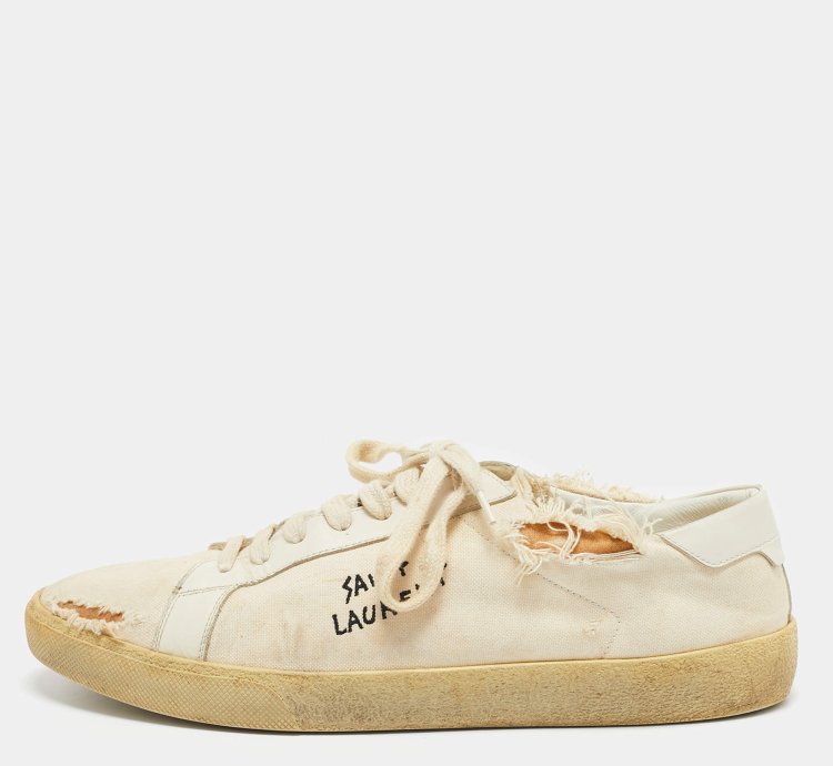 Saint Laurent Off White Distressed Canvas Court Classic Sneakers Size 45