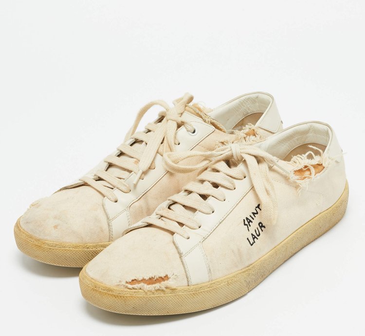 Saint Laurent Off White Distressed Canvas Court Classic Sneakers Size 45