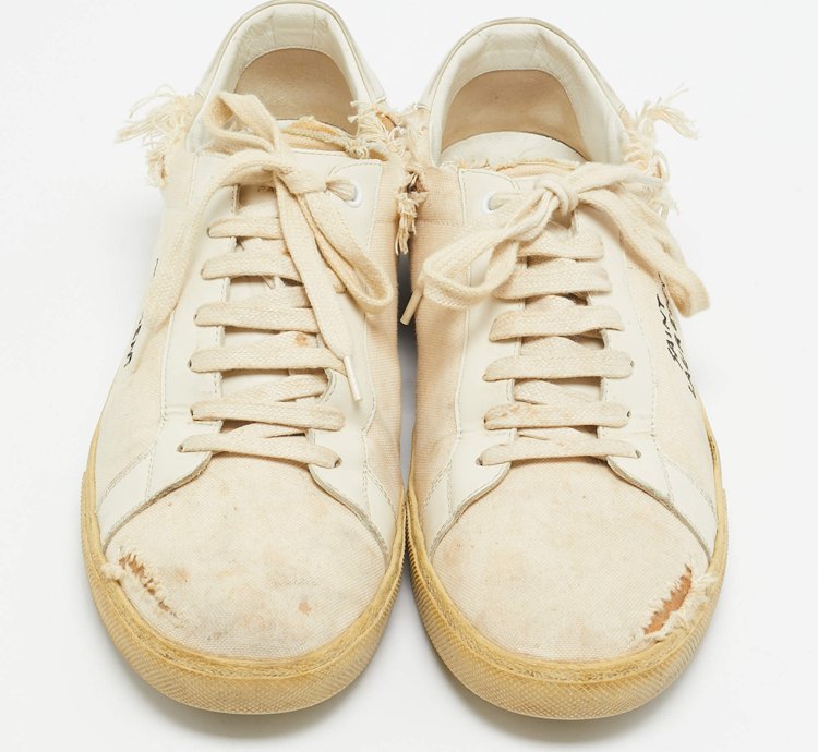 Saint Laurent Off White Distressed Canvas Court Classic Sneakers Size 45