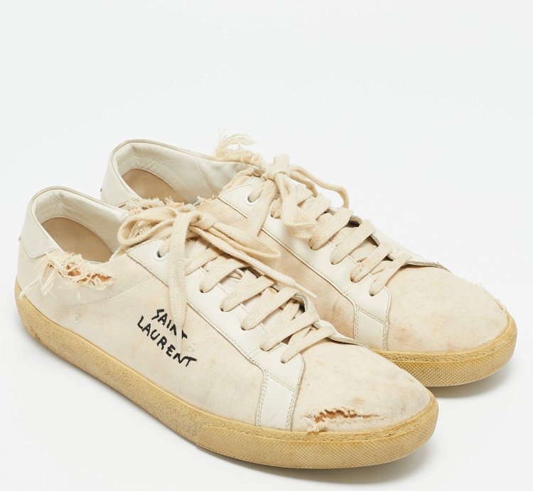 Saint Laurent Off White Distressed Canvas Court Classic Sneakers Size 45