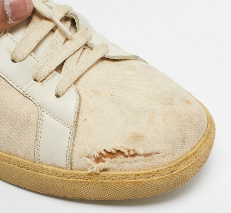 Saint Laurent Off White Distressed Canvas Court Classic Sneakers Size 45