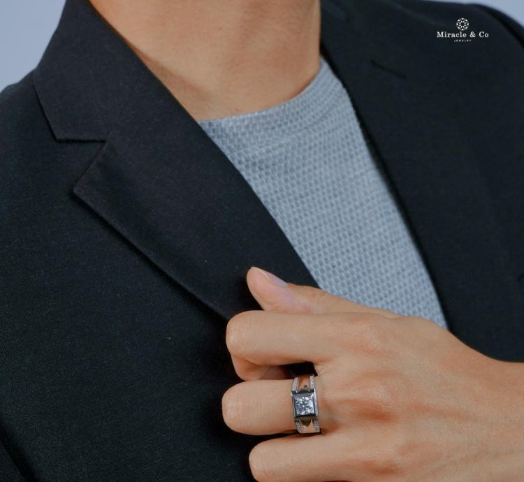 Miracle Jewelry Mens Ring Double Line Genuine Moissanite Diamond Stone