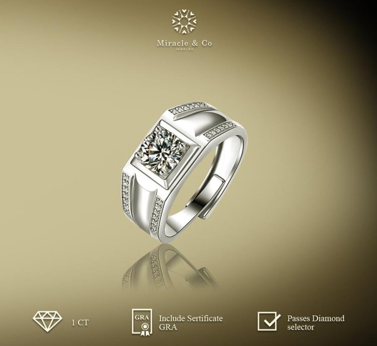 Miracle Jewelry Mens Ring Double Line Genuine Moissanite Diamond Stone