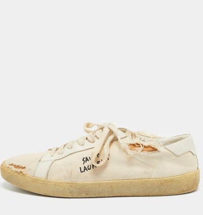Saint Laurent Off White Distressed Canvas Court Classic Sneakers Size 45