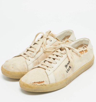 Saint Laurent Off White Distressed Canvas Court Classic Sneakers Size 45
