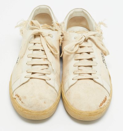 Saint Laurent Off White Distressed Canvas Court Classic Sneakers Size 45