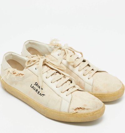 Saint Laurent Off White Distressed Canvas Court Classic Sneakers Size 45