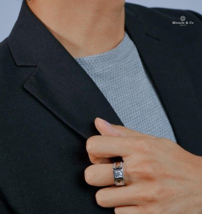 Miracle Jewelry Mens Ring Double Line Genuine Moissanite Diamond Stone