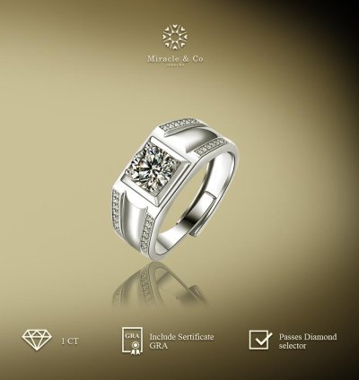 Miracle Jewelry Mens Ring Double Line Genuine Moissanite Diamond Stone