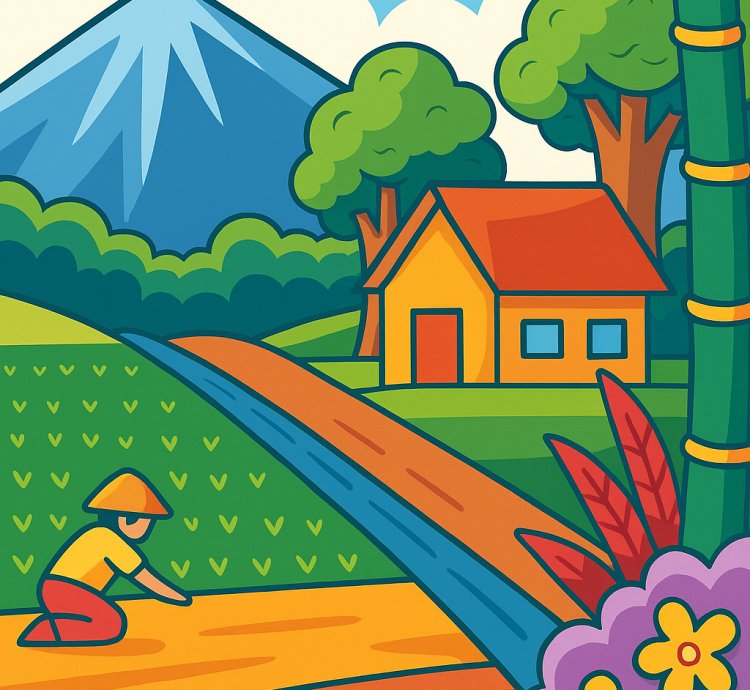 Colorful Countryside Life Flat Style Rural Landscape Illustration