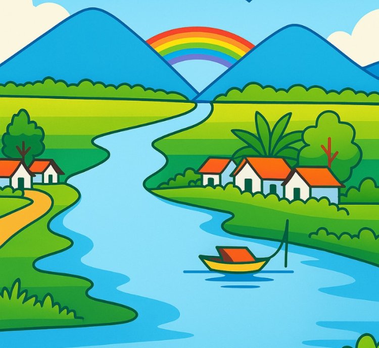 Peaceful River Village Colorful Flat Landscape Illustration With Rainbow Mountains