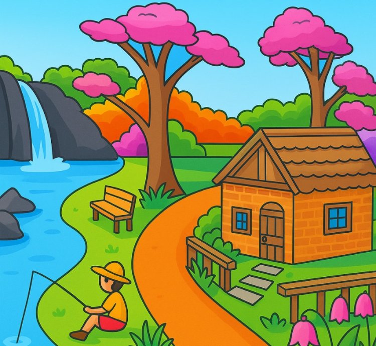 Riverside Retreat Whimsical Countryside Illustration With Cottage And Waterfall