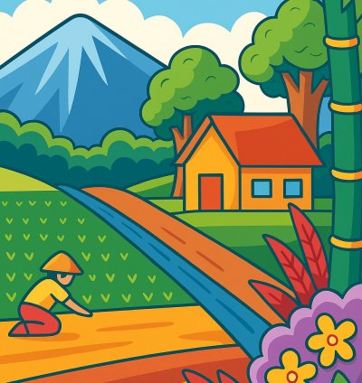 Colorful Countryside Life Flat Style Rural Landscape Illustration