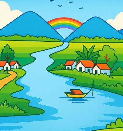 Peaceful River Village Colorful Flat Landscape Illustration With Rainbow Mountains