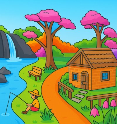 Riverside Retreat Whimsical Countryside Illustration With Cottage And Waterfall