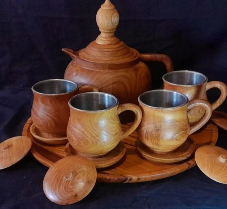 Teak Wood Cup Set Plus Teak Wood Teapot And Tray