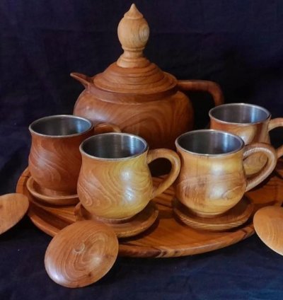 Teak Wood Cup Set Plus Teak Wood Teapot And Tray