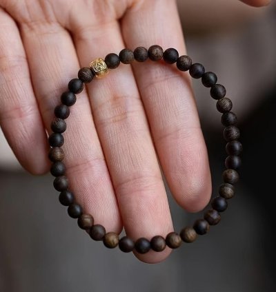 Genuine Sandalwood Bracelet With Gold Carved Beads