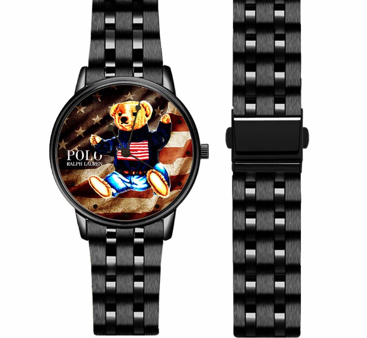 Polo Teddy Bear Sitting American Flag D88 Black Stainless Steel