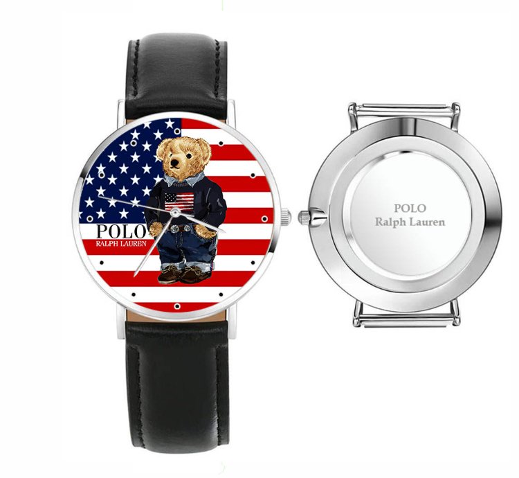 Polo Bear American Flag By Ralph Lauren D89 Black Leather Watch