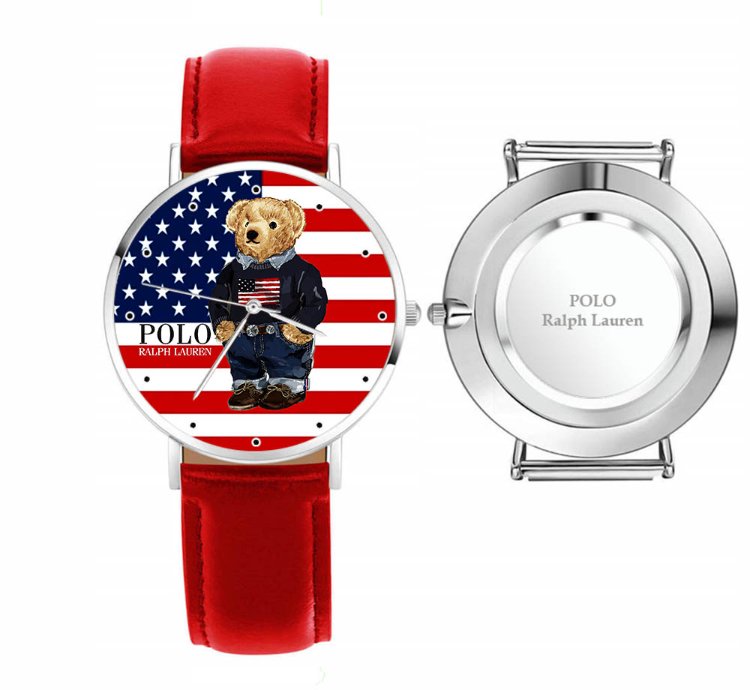 Polo Bear American Flag By Ralph Lauren D89 Red Leather Watch