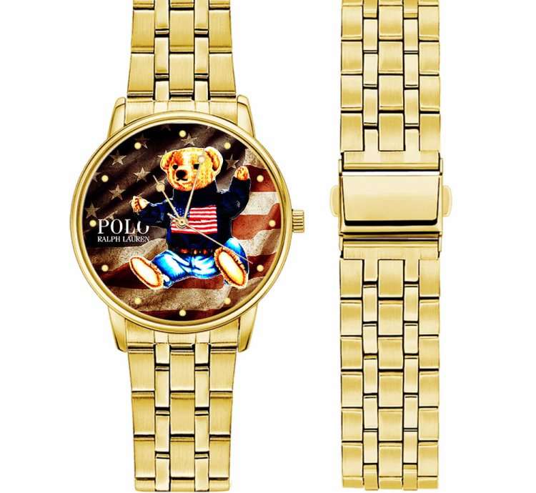Polo Teddy Bear Sitting American Flag D88 Gold Stainless Steel