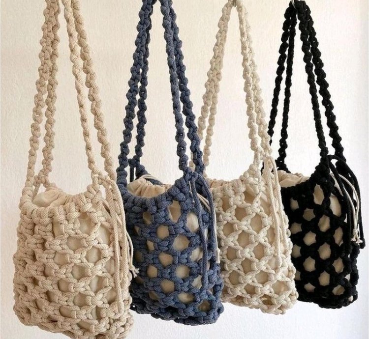 Womens Knitted Bag Tote Bag Macrame Net Bag Cotton 4mm Original Handmade