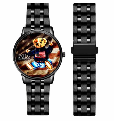 Polo Teddy Bear Sitting American Flag D88 Black Stainless Steel
