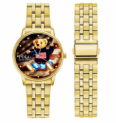 Polo Teddy Bear Sitting American Flag D88 Gold Stainless Steel