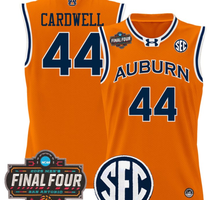 Dylan Cardwell Jersey 44 Auburn Tigers 2025 Final Four Patch Stitched Orange