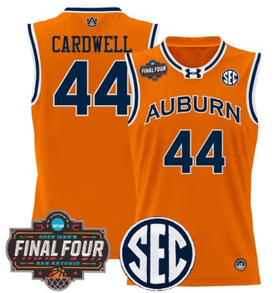 Dylan Cardwell Jersey 44 Auburn Tigers 2025 Final Four Patch Stitched Orange