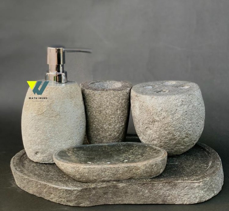 Natural River Stone Bathroom Set Handmade Stone Soap Dispenser Set Luxury Spa Decor Hotel Style Bathroom Accessories ...