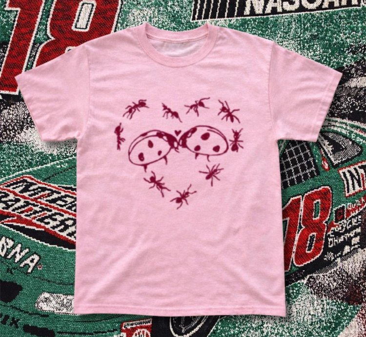 Pink Cotton T-shirt With Bug Red Graphic graphictee pink bug love y2k