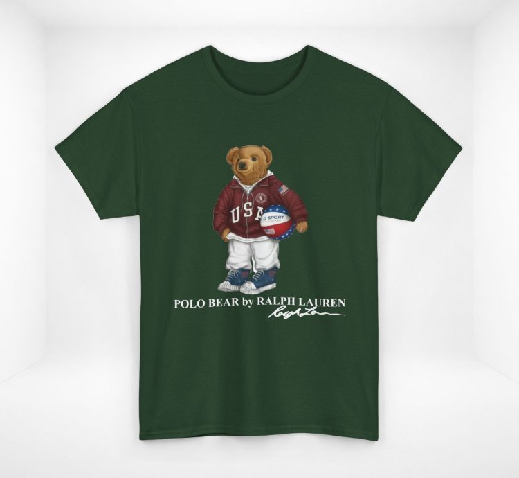Polo Bear Usa Basketball T-shirt Forest Green By Ralph Lauren Vintage Style Graphic Tee Unisex Streetwear Classic