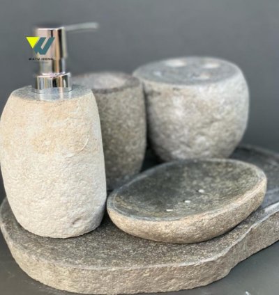 Natural River Stone Bathroom Set Handmade Stone Soap Dispenser Set Luxury Spa Decor Hotel Style Bathroom Accessories ...
