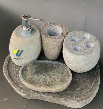 Natural River Stone Bathroom Set Handmade Stone Soap Dispenser Set Luxury Spa Decor Hotel Style Bathroom Accessories ...