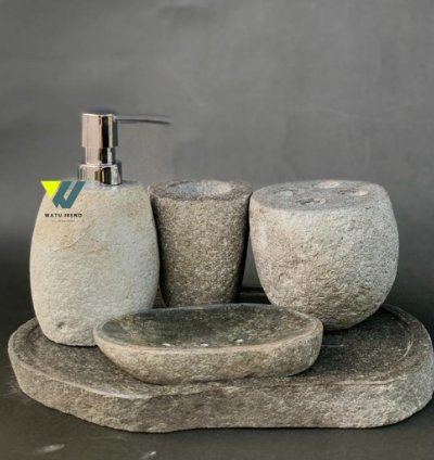 Natural River Stone Bathroom Set Handmade Stone Soap Dispenser Set Luxury Spa Decor Hotel Style Bathroom Accessories ...