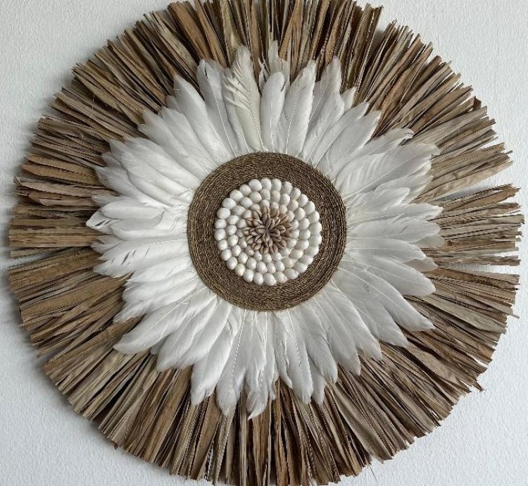 Handmade Raffia Feather Macrame Wall Decor Boho Tropical Shell Wall Hanging Aesthetic Art