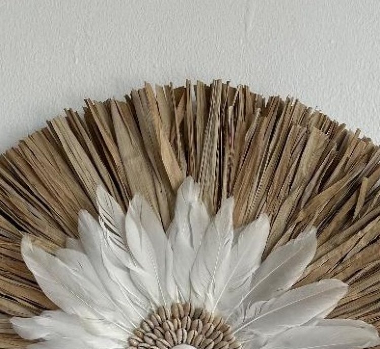 Handmade Raffia Feather Macrame Wall Decor Boho Tropical Shell Wall Hanging Aesthetic Art