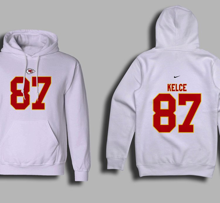 Kansas City Kelce 87 Nike Graphic Print White Hoodie